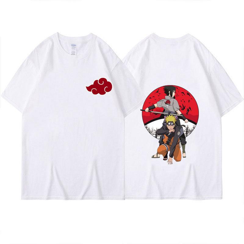 Naruto Sasuke Red Moon Scene T-Shirt, Front Akatsuki Cloud Badge Back Dual Character Graphic Unisex Loose Top