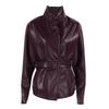 Womens Burgundy Faux Leather Jacket Winter Long Sleeve Stand Collar Belted Waist Cinched Slim Fit