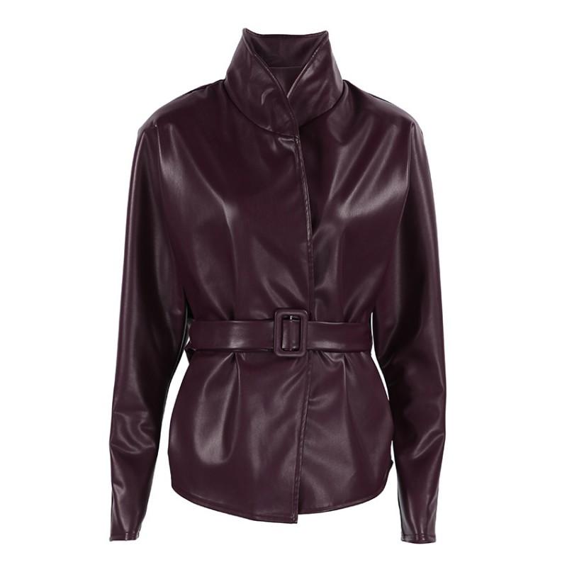 Womens Burgundy Faux Leather Jacket Winter Long Sleeve Stand Collar Belted Waist Cinched Slim Fit