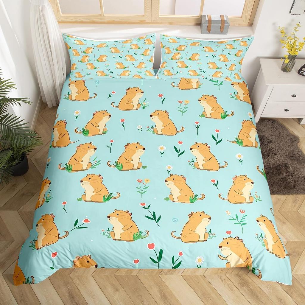 Cartoon Capybara Duvet Cover Twin Queen Toddler Botanical Leaves Funny Animal Bedding Set Graffiti Sketch Lines Comforter Cover