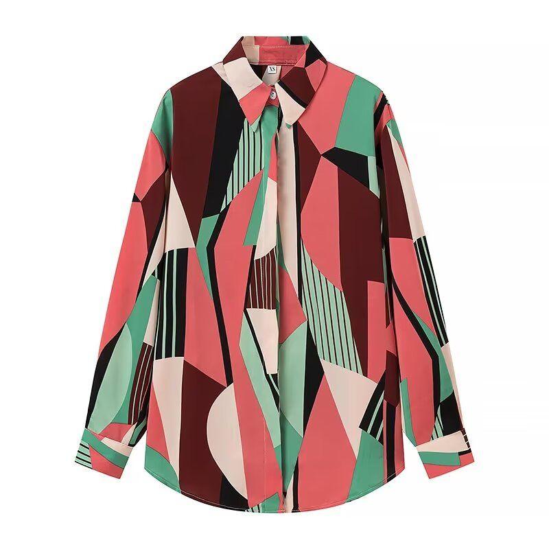Kaslead New Arrival Women's Fashion Style Fashion Casual Versatile Contrast Color Geometric Print Long Sleeves Shirt