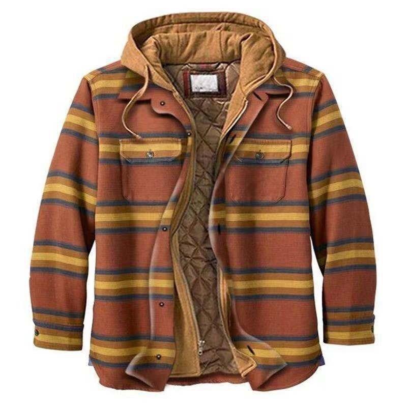 Men's Clothing European and American Autumn and Winter Thickened Cotton-padded Plaid Long-sleeved Loose Hooded Jacket