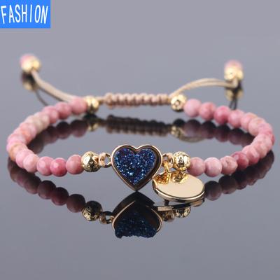 Pedra de mogno natural 4mm contas artesanais ajustável tecido pulseira banhado a ouro charme botões de cristal joias