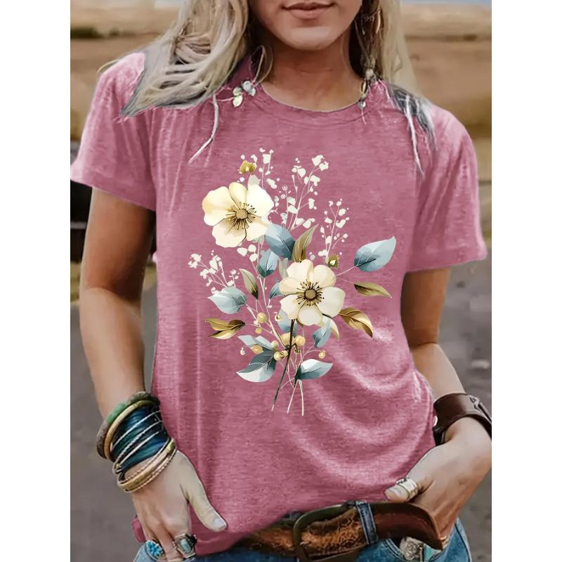 A New Summer Short-sleeved Women's T-shirt with Plant and Floral Prints