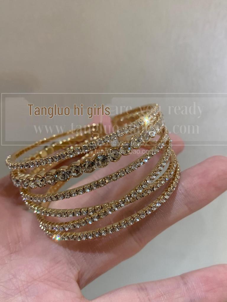 European & American Geometric Multi-Layer Open Bangle: Vintage Exaggerated Diamond-Inlaid Bracelet Light Luxury for Women