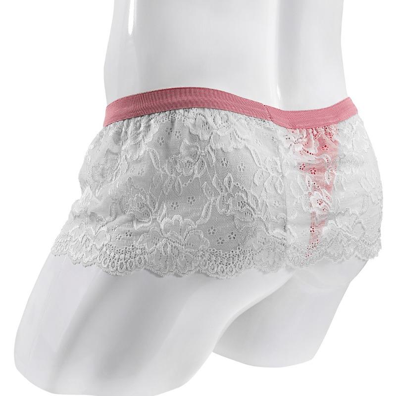 Men Crossdressing Sissy Lace Lingerie Skirted Panties Low Waist Mesh Sheer G-String Frilly Ruffle Hem Briefs Bikini Underwear