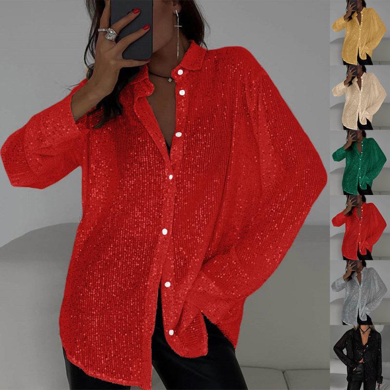 2026 Sexy Sequin Sparkle Lapel Single-Breasted Long Sleeve Women's Shirt