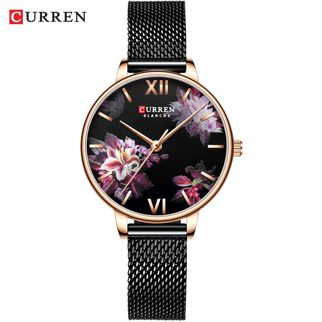 CURREN 9060 Luxus Casual Business Quarz Damenuhr Blumenzifferblatt Elegante exquisite Dame Handgelenk