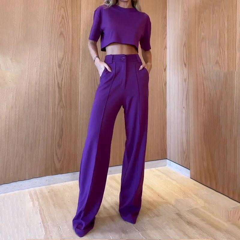 

Casual Two-Piece Set Temperament Crew Neck Short Sleeve Tops Straight-Leg Trousers Silm Slim Looking Fashion Suit Purple M