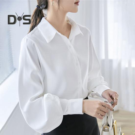 Women Shirt Lapel Lantern Long Sleeve Single Breasted Shirt Tops Solid Color Loose Fit Work Casual Daily Tops