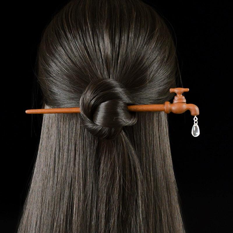 1Pc Faucet Hairpin New Chinese Style Water Droplet Shape Ancient Headwear Wood Hairpin Fun Headwear Disk Hair Artifact