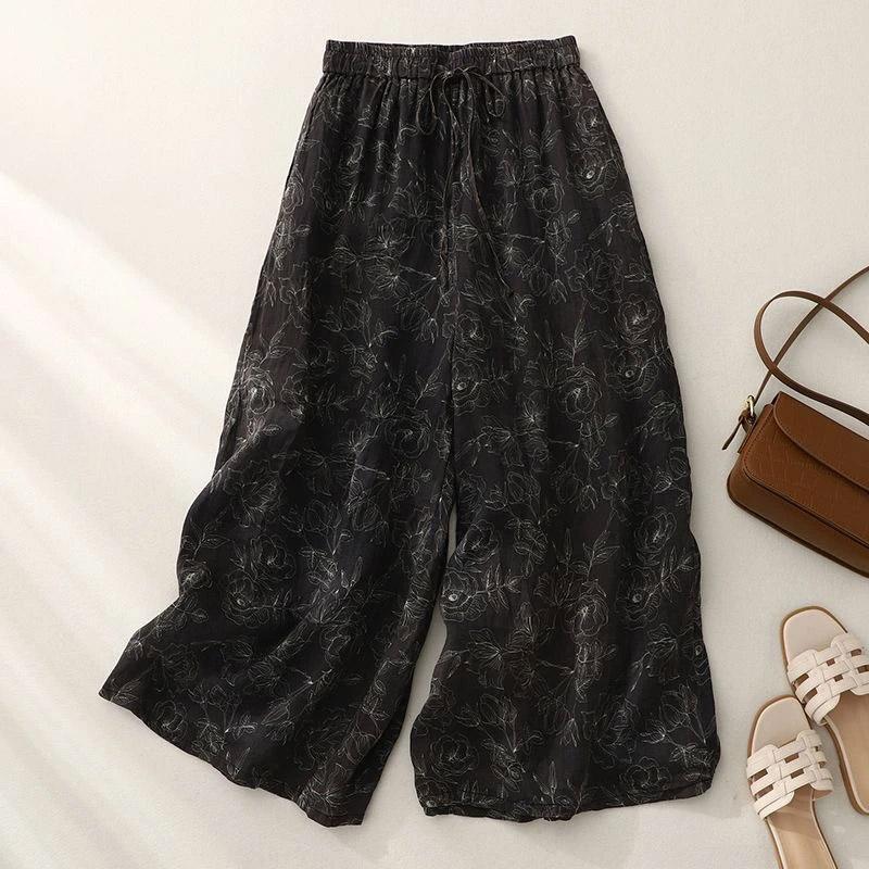 

Хлопковые брюки летние женские большие размеры свободные пижамные брюки универсальные повседневные льняные брюки с высокой талией широкие XXXL чёрный