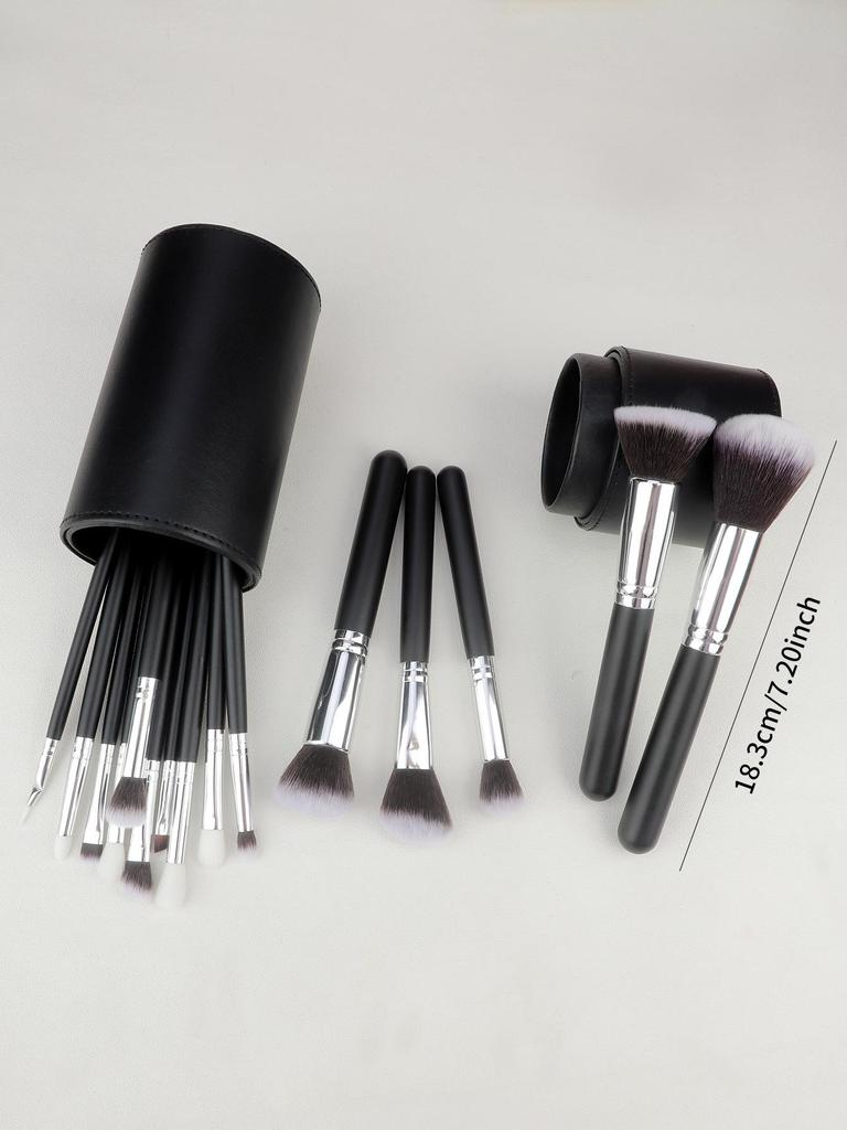 15-Piece Black & Silver Makeup Brush Set: Powder, Blush, Eyeshadow, Eyebrow & Highlighter Brushes with Soft Bristles