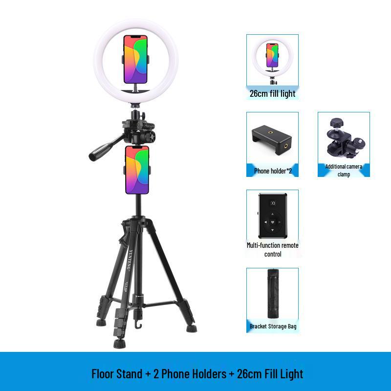 Dual Camera Live Streaming Stand with Fill Light for Multi-Phone Video Shooting and Product Promotion