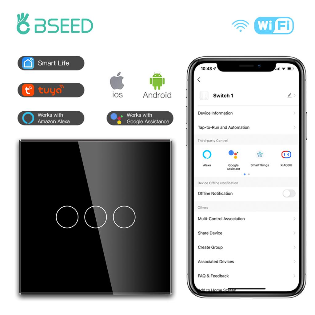 BSEED 1/2/3Gang Wifi Wall Touch Switches 2/3Way Smart Switch With 20W Type-C USB EU Socket Support Tuya Smart Life Google Alexa