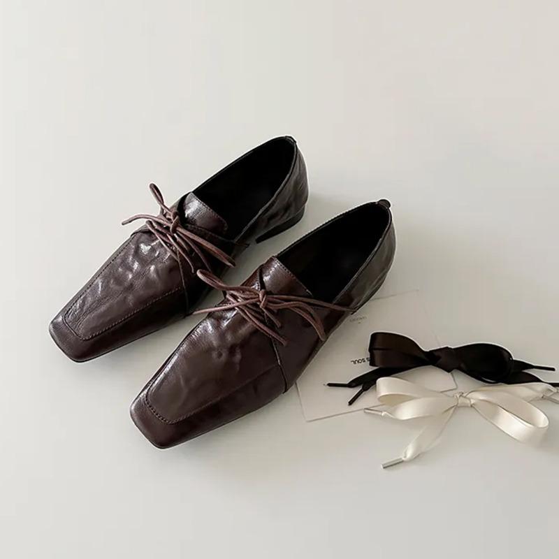 Cowhide version~ square head lace-up white women's pedal bow ballet style single shoes low heel small leather shoes