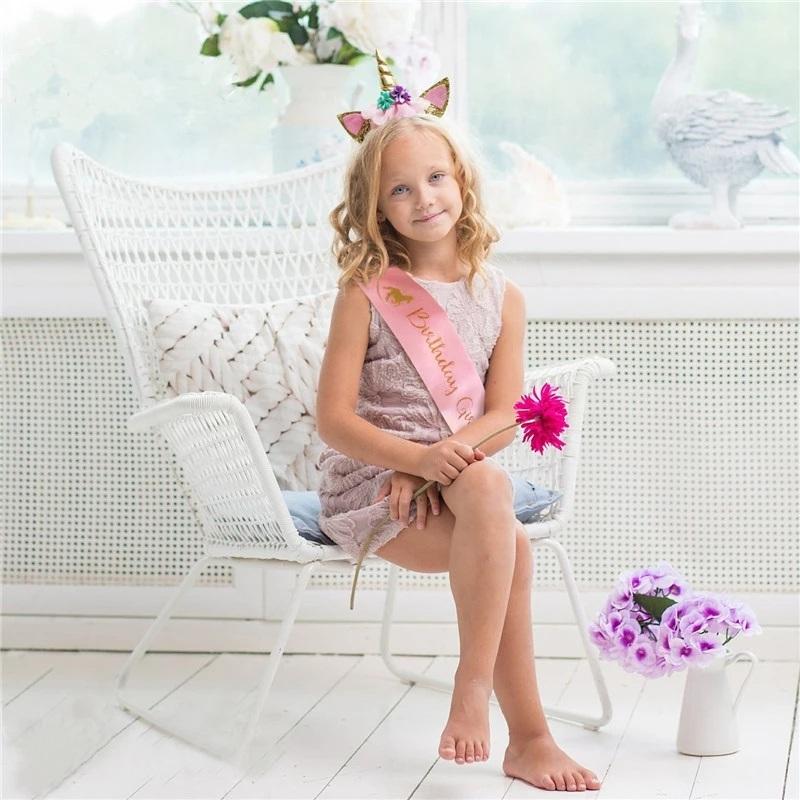 Unicorn Horn Headband Birthday Girl Sash Satin for Girl 1st Birthday Party Decoration Unicorn Theme Party Hair Band Baby Shower