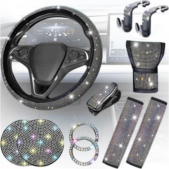 11PCS/Set Bling Car Accessories Set for Women, Rhinestone Vehicle Steering Wheel Cover Seat Belt Cushion Gear Shift Protector Cup Holder Coaster,