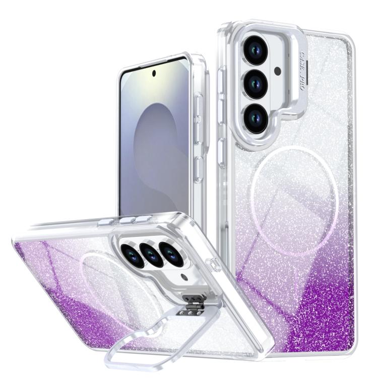 Glitter Gradient Magnetic Phone Case For Samsung Galaxy S25+ / S24+ 5G, Lens Frame Kickstand Wireless Charging Protective Cover