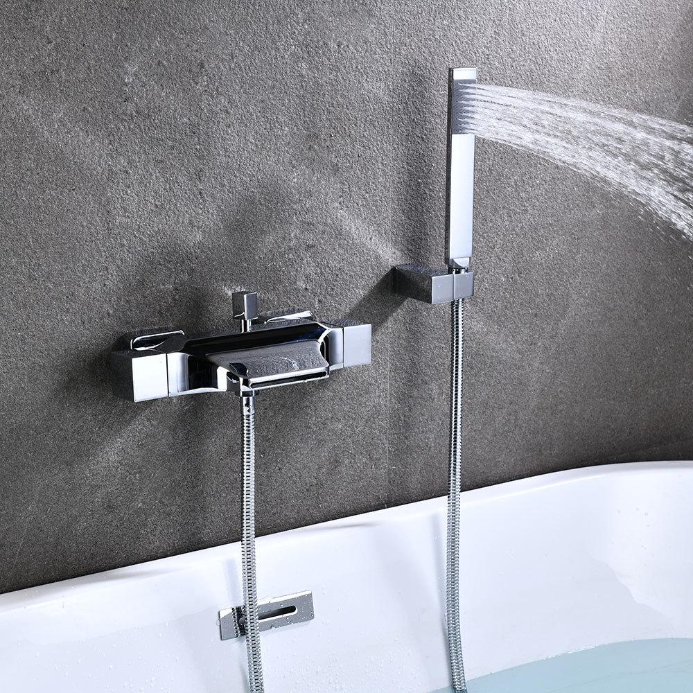 Brass Waterfall Bathtub Faucet Set with Black Exposed Edge and Hot/Cold Shower Head