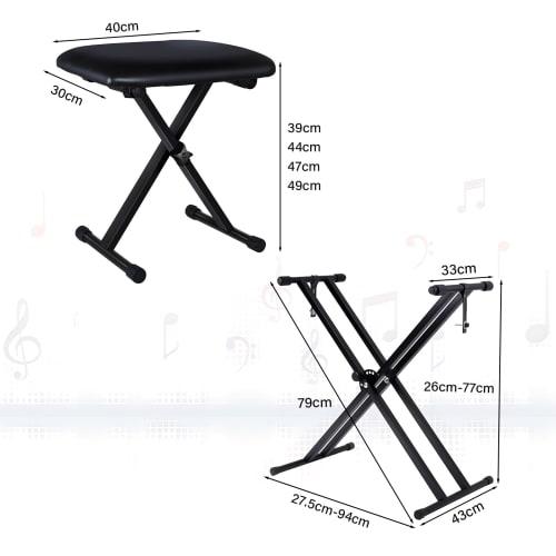 Keyboard Stand Bench Set for Digital Pianos, X-Shaped Design, Durable and Strong, Includes Dust Caps, 7 Height Adjustments, Thick Reinforced Frame, No