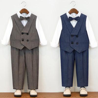 Trendy 2026 Boys Suit Set Blue Elegance Flower Child Birthday Vest Overalls Outfits Kids Host Piano Performances Special Costume