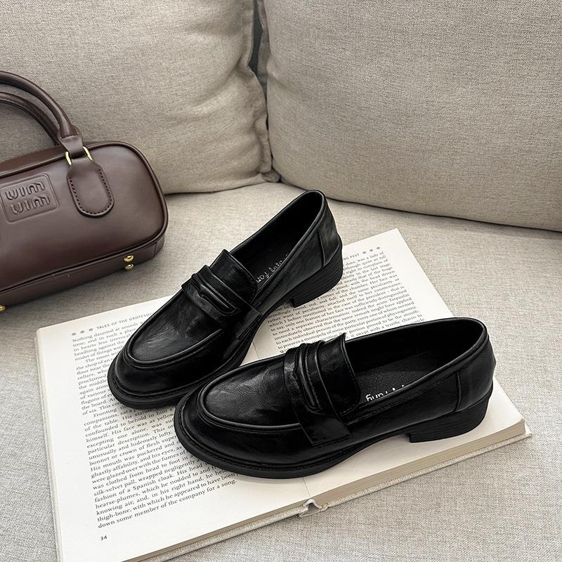 

туфли на толстом каблуке черные в британском стиле маленькие кожаные женские туфли 2025 новая весна и осень ретро лоферы туфли-лодочки 40 чёрный