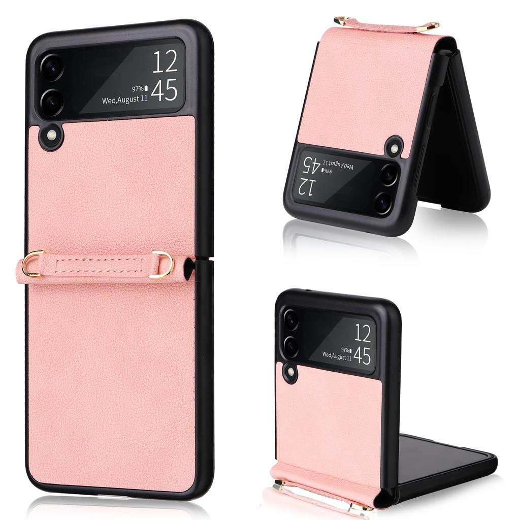 Fall Protection Phone Strap Leather Wallet Case For Samsung Galaxy Z Flip 4 5g Flip3 Flip4 Flip 3 Non -Fingerprint Folding Cover