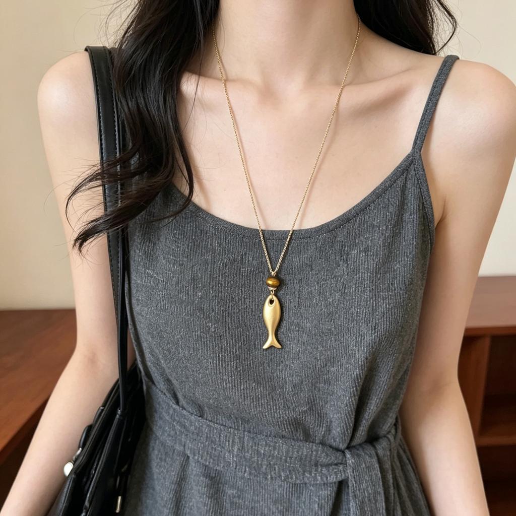 2026 Trendy Metal Fish Pendant Long Chain Leather Cord Necklace For Women Men Summer Fashion Personalized Charm Neck Jewelry