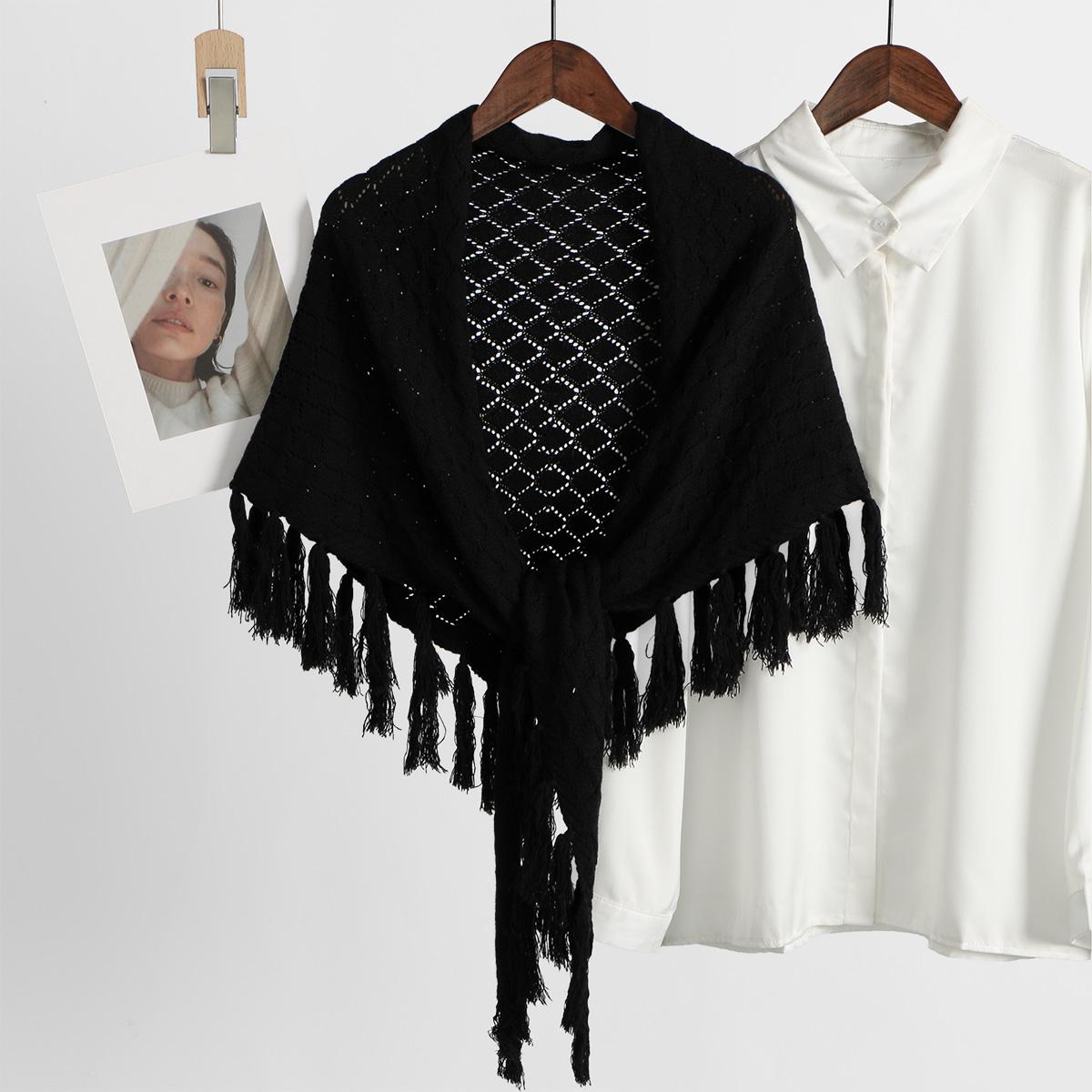 Женский вязаный однотонный треугольный шарф-накидка на плечи, накидка, пашмина, шарф с кисточками, осенне-зимний, теплый