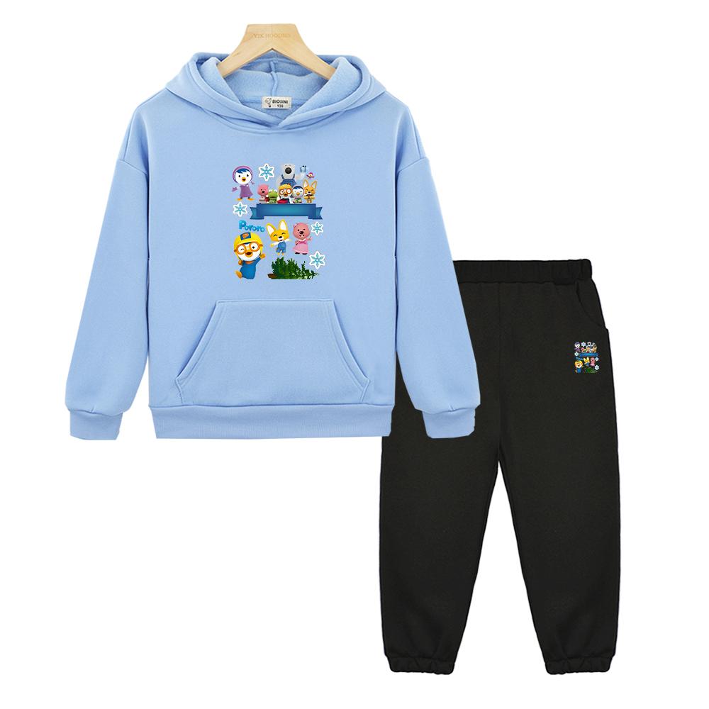 Pororo Boys Girls Hooded Sets Anime Hoodie Fleece Sweatshirt Jacket Cartoon 2pcs Pullover+pant Child Suit Kids Boutique Clothes