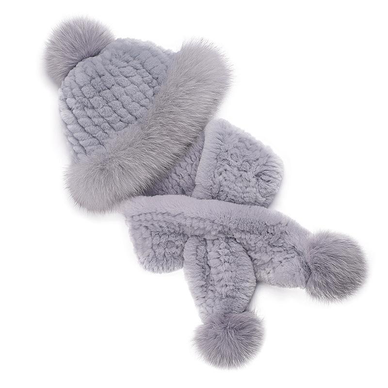 Women's winter warm two-piece scarf hat set, Rex rabbit wool thread thickened fur straw hat real hair scarf