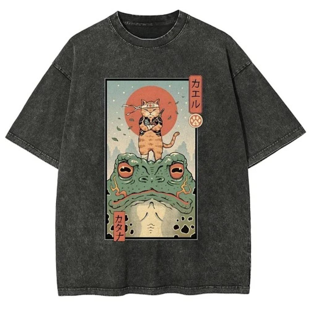 Vintage Washed Frog Samurai Printed T-Shirt Men's Women's Oversized Short Sleeve Hip-Hop Fitness Casual Tees Tops