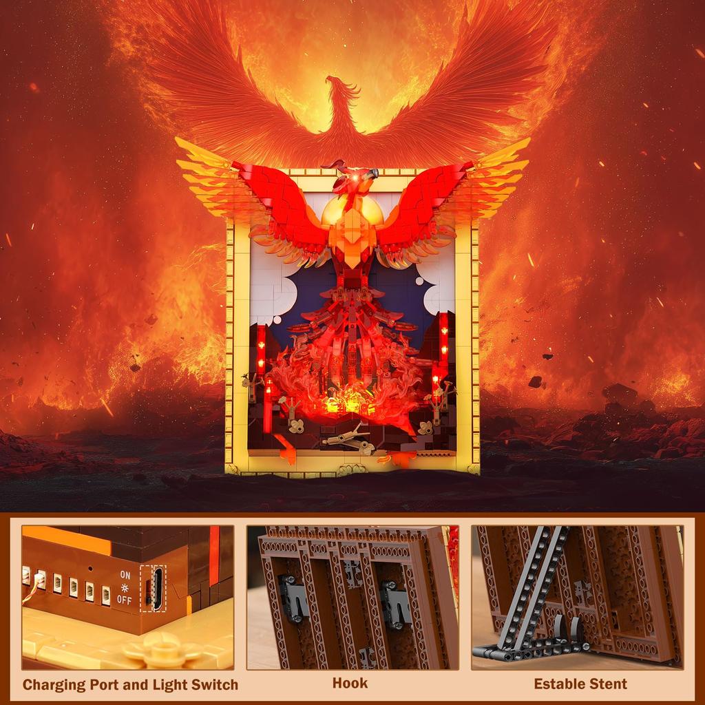 JMBricklayer Phoenix Nirvana Baustein-Set mit Lichtern 70017, 3D Tier Wandkunst und Handwerk, Erwachsenen Kunst Malrahmen für Zuhause Wand & Schreibtisch