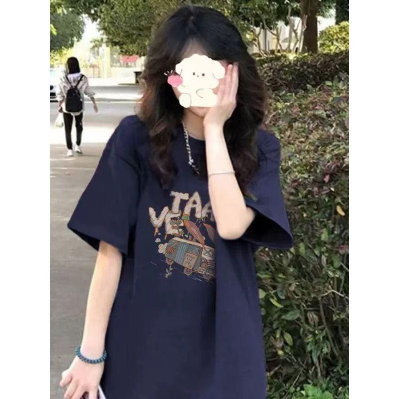 Purple Dopamine Cartoon Print Short-Sleeved T-Shirt 150kg Plus Size Women's Clothing 2026 Summer 100kg Pure Cotton Top