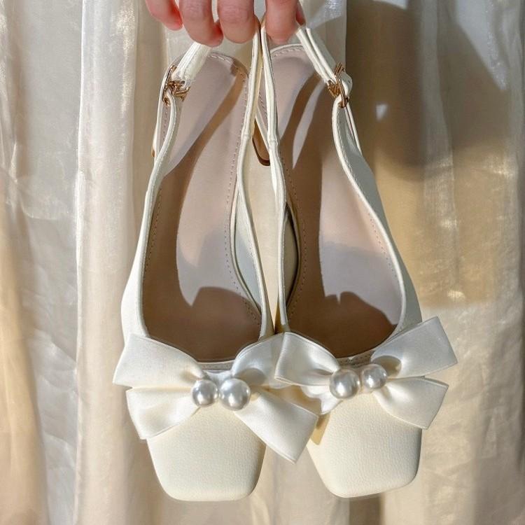 Bow Baotou Sandals Feminine Celebrity Square Heel Single Shoes