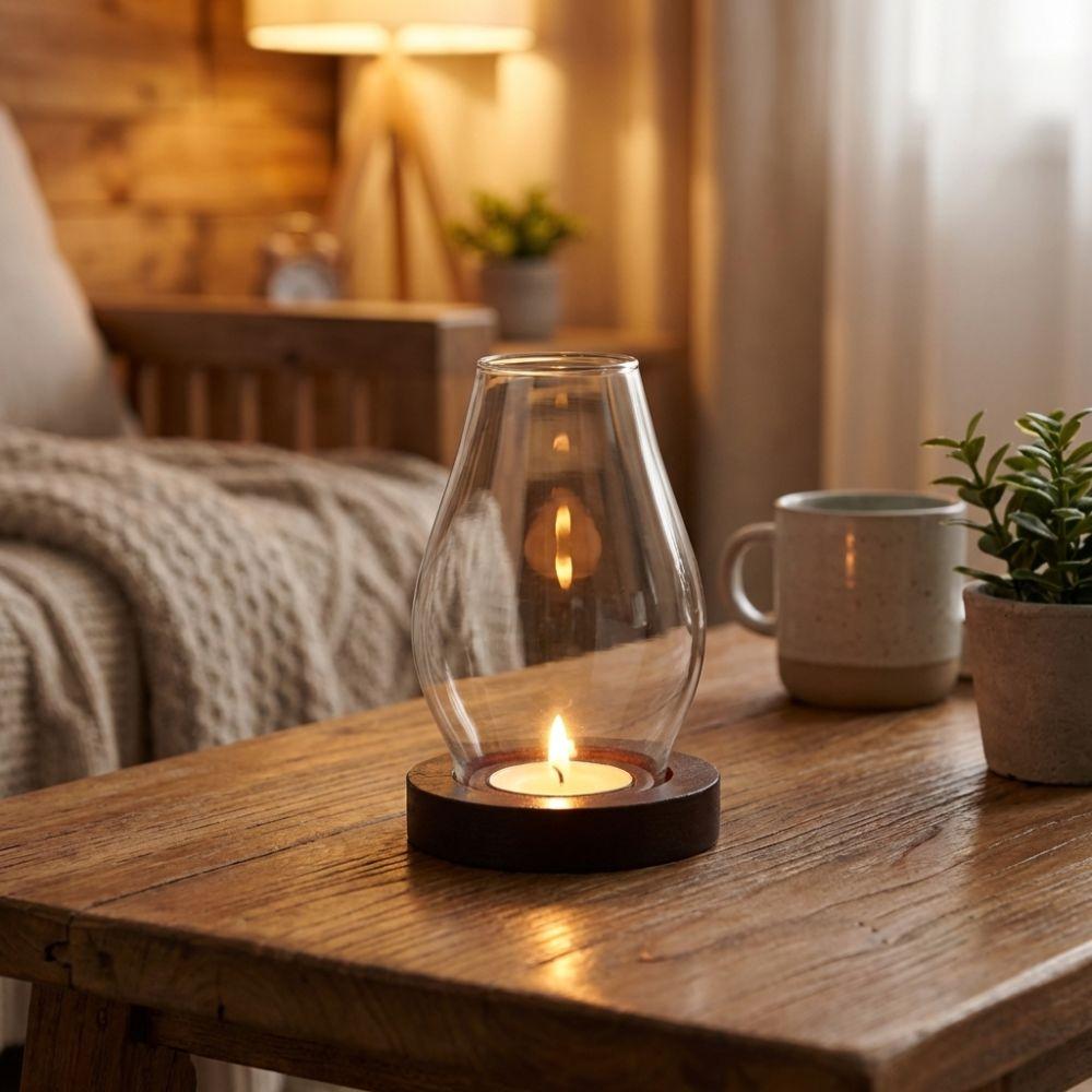 Solid Wood Base Glass Candle Holder Transparent Incenses Stove Lamp  Coffee Dining Room