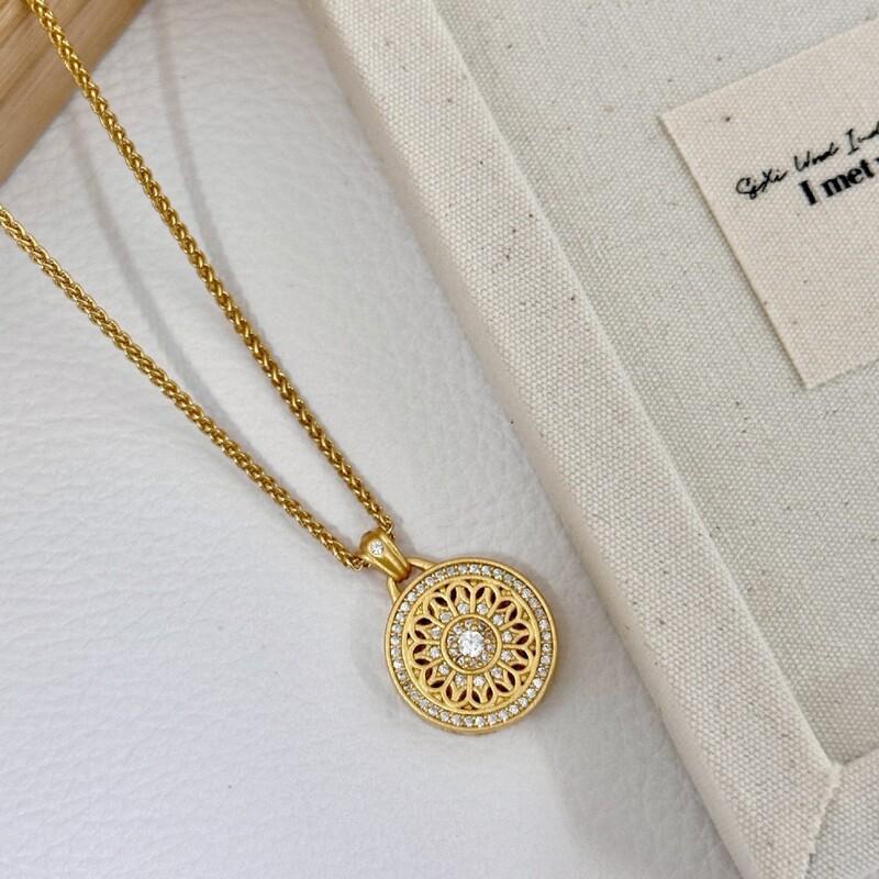 Handcrafted Filigree Hollow Pendant Necklace With Eight Treasure Compass Motif Vintage Gold-Tone Alloy Jewelry Women