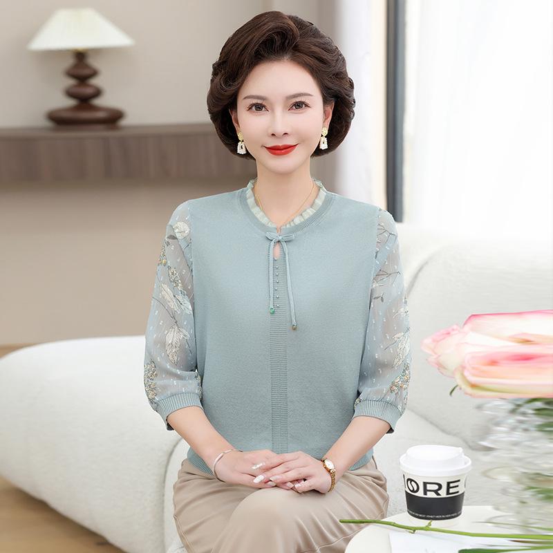

Stylish Lace Collar Short-Sleeve T-Shirt for Middle-Aged & Elderly Women L (80-100 jin) синій