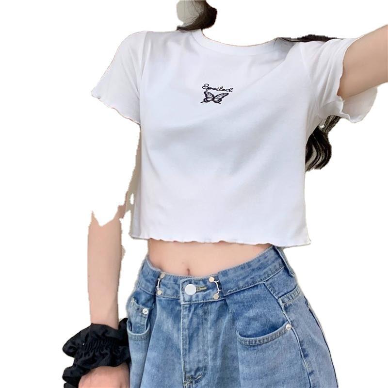 New Summer High-waisted Short T-shirt for Women, Slim and Thin, Versatile Butterfly Embroidered Short-sleeved Top for Women