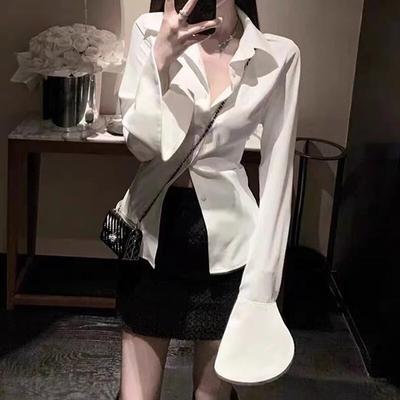 Vintage Flare Long Sleeve White Shirt Women Slim Sexy Lapel Lace-up Woman Blouse Bandage Korean Design Autumn Ladies Tops 30390