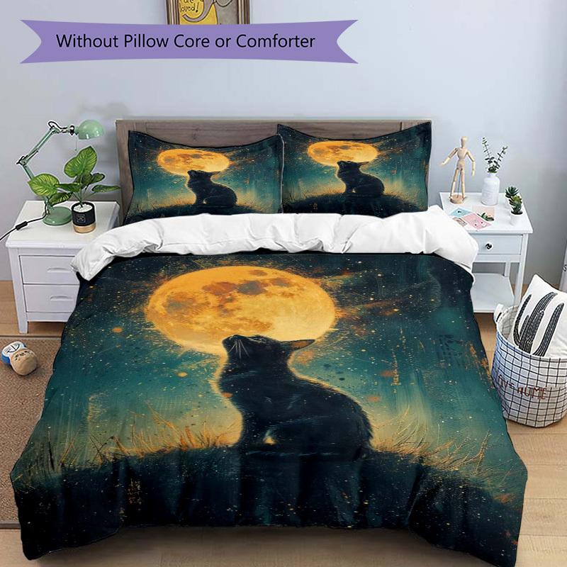3pcs Anime Cat Moon Bedding Set - Includes One Quilt Cover and Two Pillowcases (No Core) - Polyester Fabric, Perfect for Bedroom and Guest R