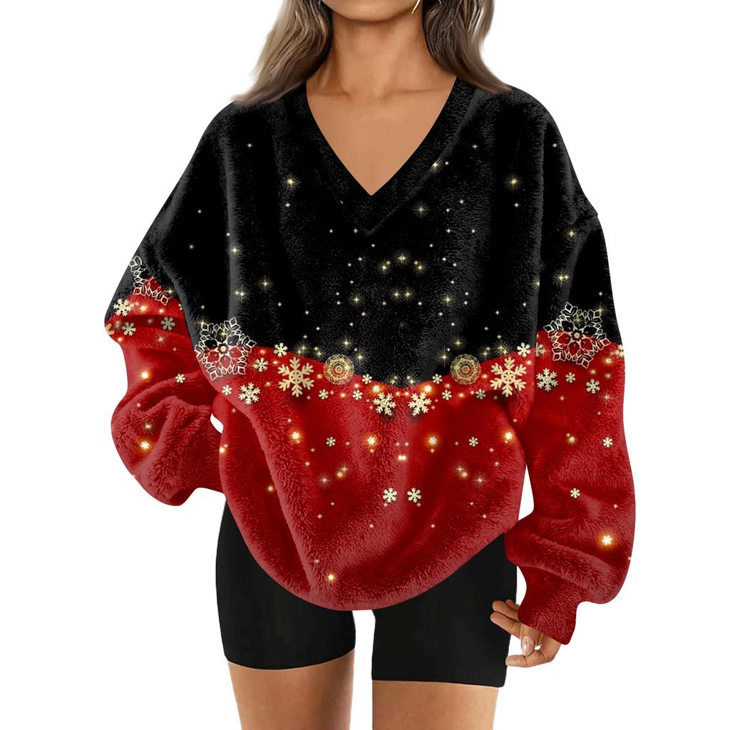 Women's Fashionable V-neck Christmas Printed Long Sleeved Casual Pullover Plush Warm Pocket Sweatshirt Top