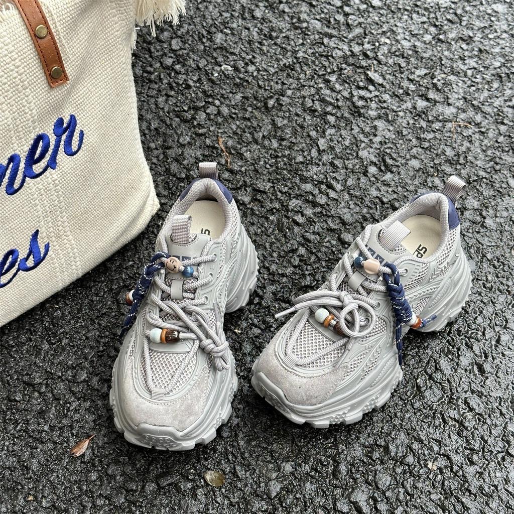 Leather 7cm Platform Dad Shoes Women's Shoes 2025 Autumn New Heightening Explosion Breathable Mesh Casual Sports Shoes