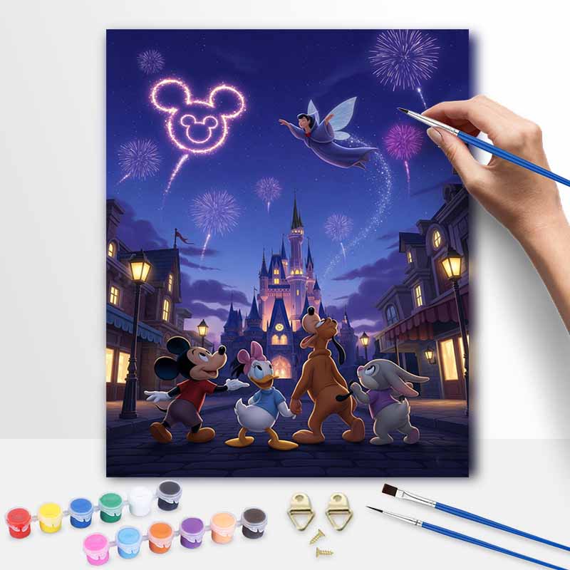 Disney digital oil painting Mickey Mouse castle fireworks fairy art handmade diy home decorations 20x30cm