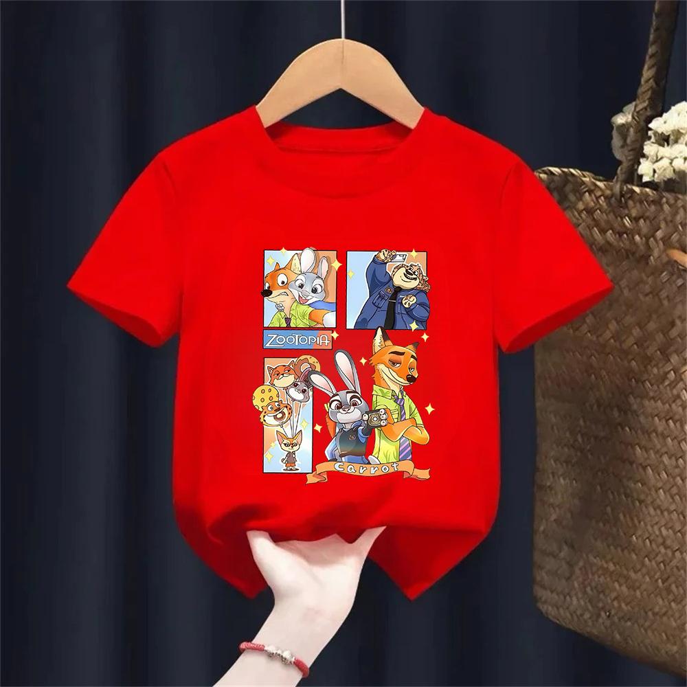 Kids Disney Zootopia Nick And Judy Round Neck T-shirt Casual Fashionable Comfortable Loose Short Sleeve Clothing for Children