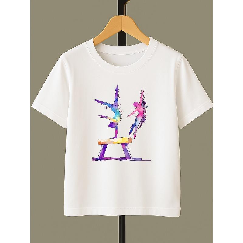 European sizes Girls' Casual Round Neck Short Sleeve Top, Comfortable Fabric, Wrinkle And Wear-Resistant, Artistic Gymnastics Print