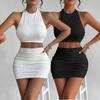 Women's Bodycon Two-Piece Skirt Set Sleeveless Halter Crop Top High Waist Ruched Mini Skirt