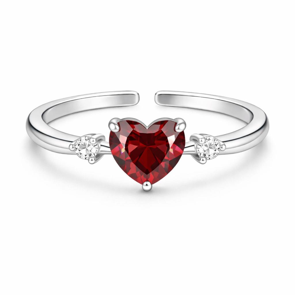 Heart Cut Red CZ Three-Stone Adjustable Ring – 925 Sterling Silver