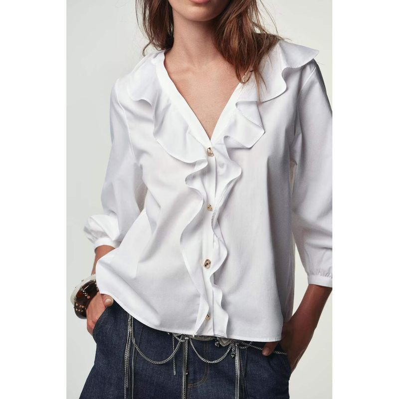 Zbzr Spring New Women Clothes Western Style Fashion V-neck Long Sleeve Laminated Decorative Poplin Shirts 2298154